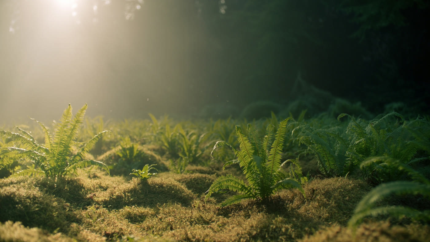 Morning light across ferns on an Oregon forest floor